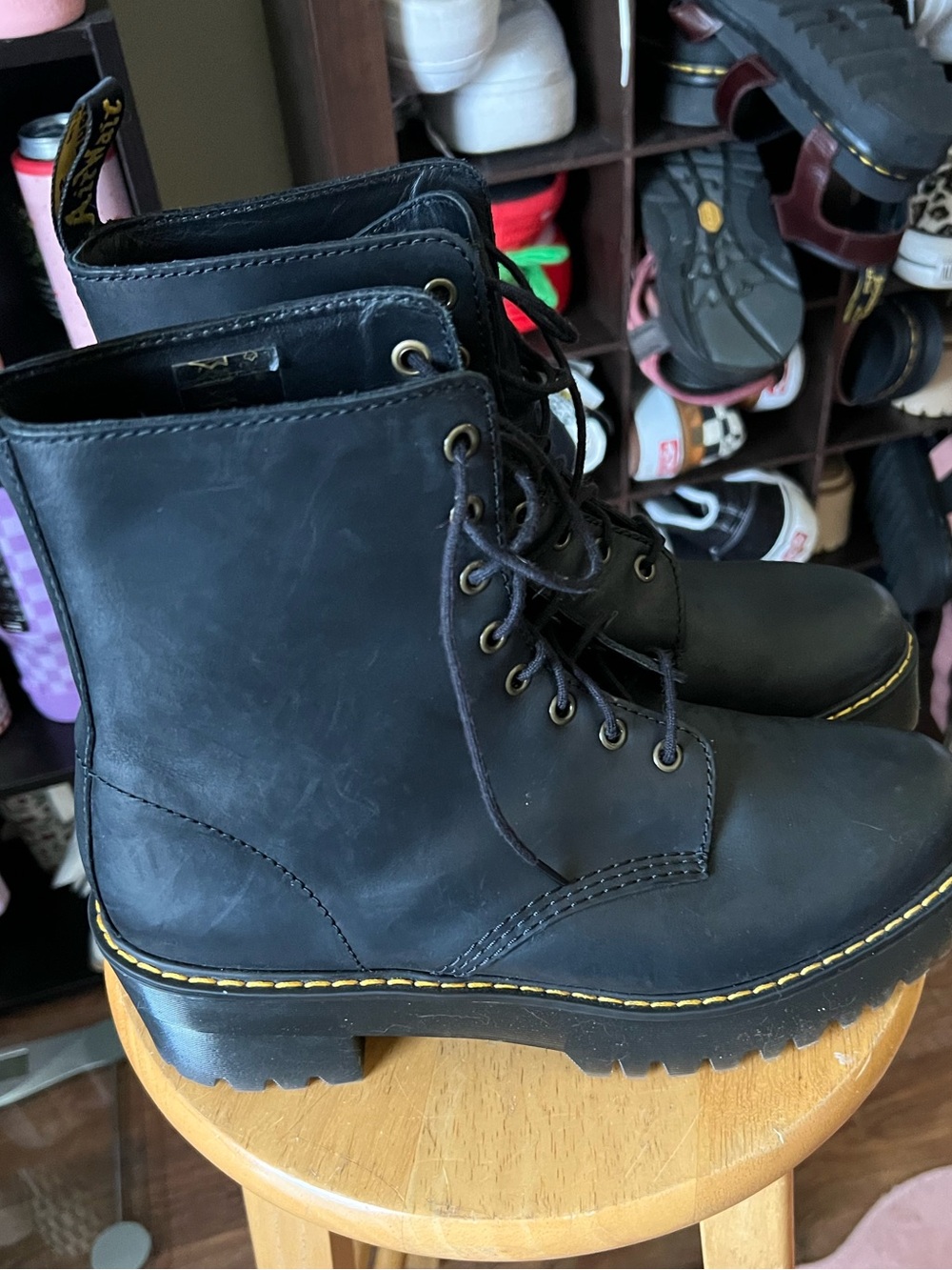 Dr Martens Black Women's Lace-Up Combat Boots with Yellow Stitching LIKE NEW